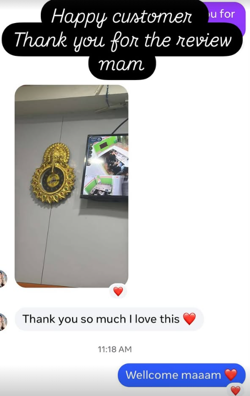 Customer message showing a gold Ganesh wall clock at home and saying Thank you so much I love this with a heart emoji