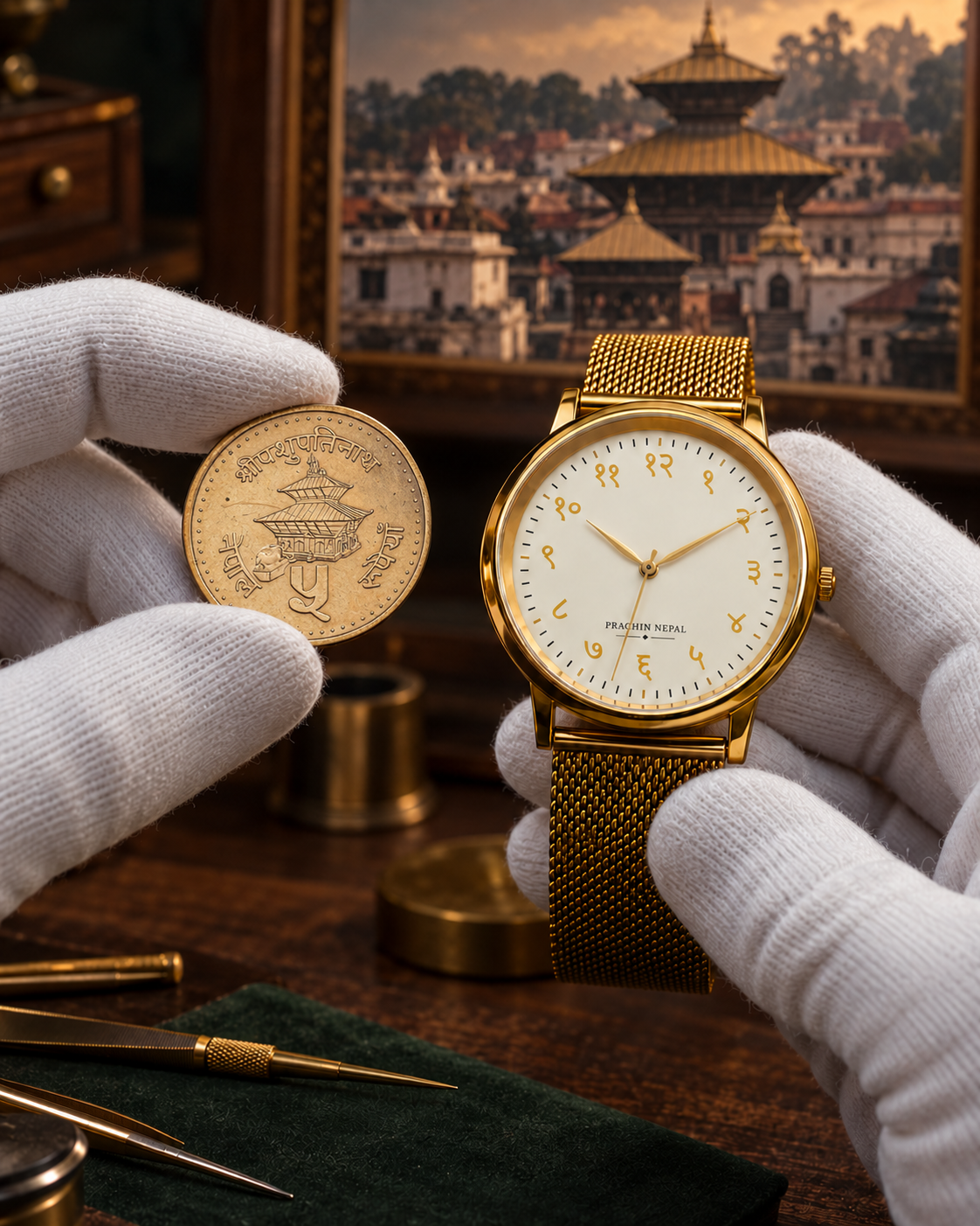 Concept illustration of gloved hands holding a Pashupatinath five-rupee coin and a Prachin Nepal watch with Devanagari numerals