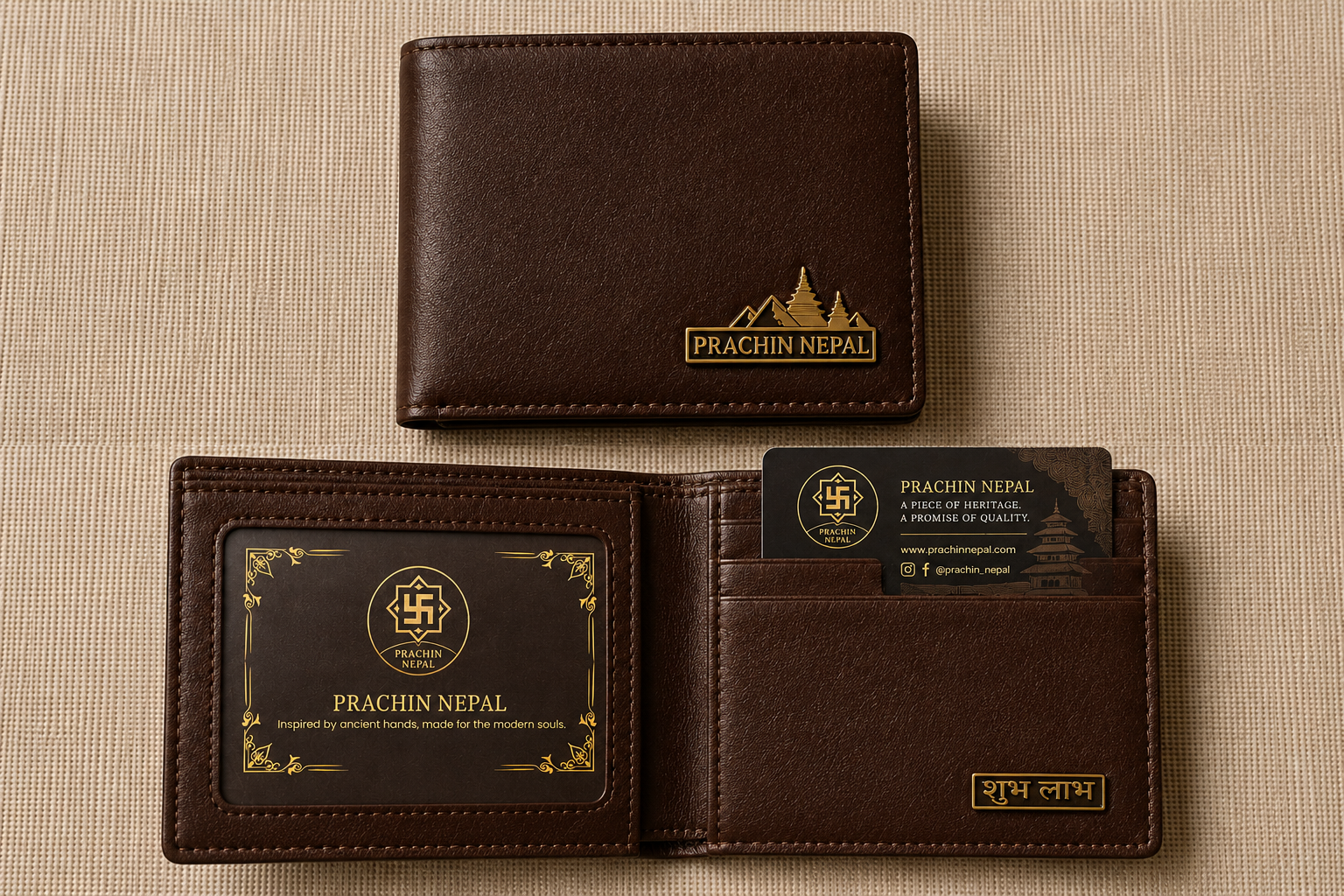 Brown Shubha Labh Wallet design preview, showing its exterior branding and interior